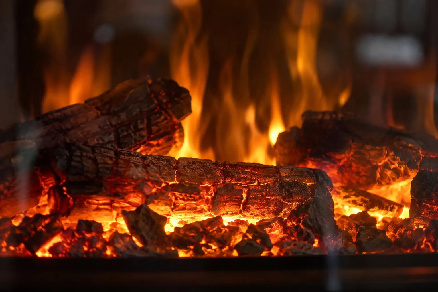 Symbolbild (KI-generiert): Nahaufnahme eines Flammenbilds mit glühendem Glutbett und künstlichen Holzscheiten hinter Glas