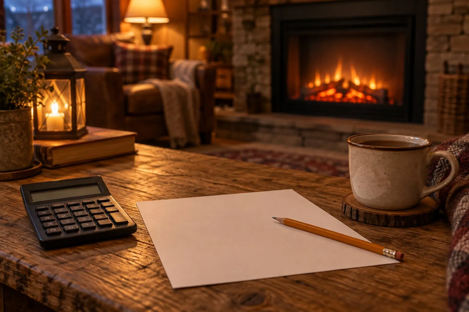 Symbolbild (KI-generiert): Taschenrechner, leeres Blatt mit Bleistift und eine Tasse Tee auf einem Holztisch, im Hintergrund unscharf ein Kamin mit Flammenbild