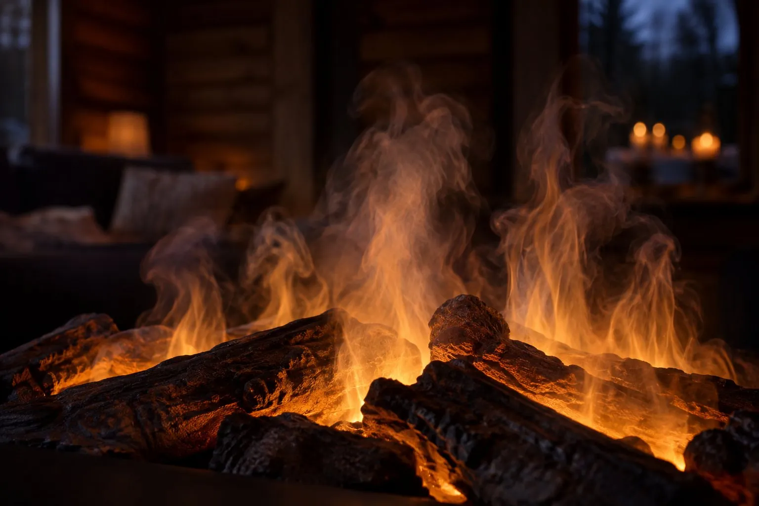 Feiner Wassernebel steigt zwischen künstlichen Holzscheiten auf und wird orange angeleuchtet (Symbolbild, KI-generiert)
